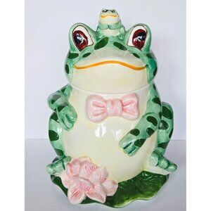 Whimsical Frog Ceramic Cookie Jar With Lid - Green & Pink Floral Design